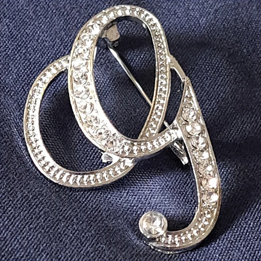 Silver Crystal Script Letter G Brooch Pin 2